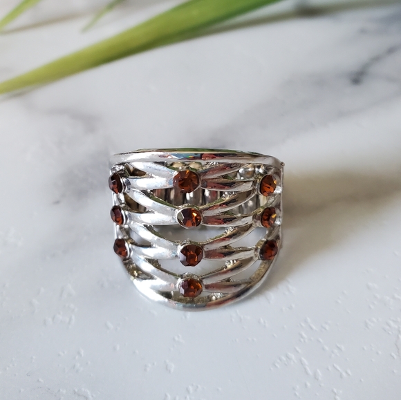 Silver Tone Adjustable Band Ring with Orange Brown Jewels 💥3 for $24💥 - Picture 3 of 15